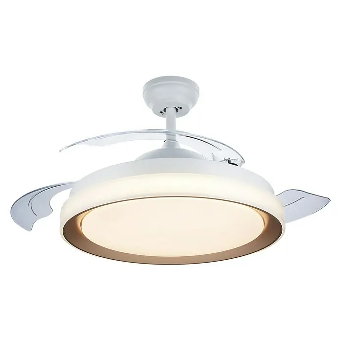 Philips Ventilador de techo Bliss Gold - Oro, 51 cm, 48 W, Blanco cálido - Primer plano de un moderno ventilador de techo blanco con iluminación LED integrada y aspas transparentes, sobre un fondo negro.