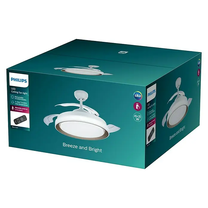 Philips Ventilador de techo Bliss Gold - Oro, 51 cm, 48 W, Blanco cálido - Caja que contiene un ventilador de techo LED Philips con control remoto y temperatura de color ajustable.