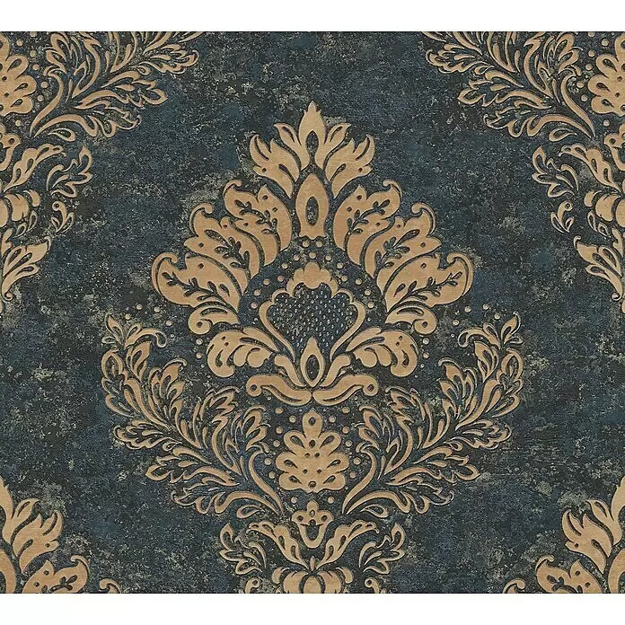 A.S. Création Metropolitan Stories II Vliestapete Damask - Blau/Gold, Ornament, 10,05 x 0,53 m - Strukturierte Damast-Tapete mit goldenem Ornament auf dunkelblau-grauem Hintergrund.