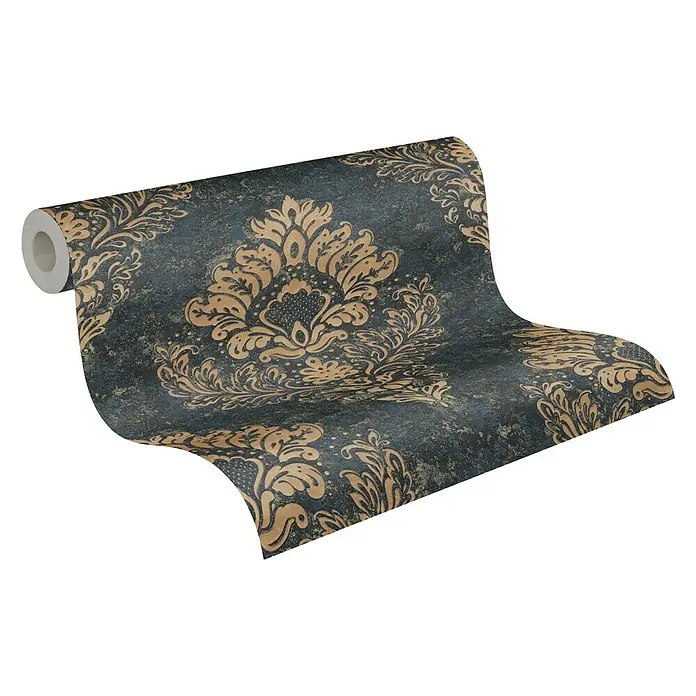 A.S. Création Metropolitan Stories II Vliestapete Damask - Blau/Gold, Ornament, 10,05 x 0,53 m - Rolle dunkler Tapete mit goldenem Barockmuster. Die elegante Tapete ist perfekt für stilvolle Innenräume.