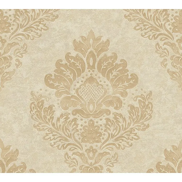 A.S. Création Metropolitan Stories II Vliestapete Damask - Beige/Gold/Creme, Ornament, 10,05 x 0,53 m - Elegante Tapete mit einem aufwendigen, floralen Damastmuster in sanften Beigetönen, ideal für eine stilvolle Raumgestaltung.
