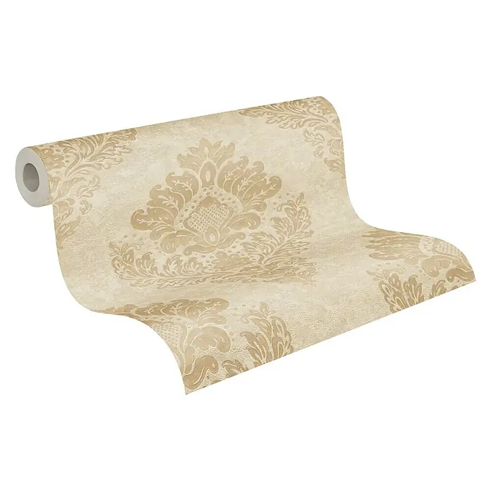 A.S. Création Metropolitan Stories II Vliestapete Damask - Beige/Gold/Creme, Ornament, 10,05 x 0,53 m - Rolle Tapete mit einem eleganten, beigefarbenen Damastmuster, ideal um jedem Raum einen Hauch von klassischer Eleganz zu verleihen.