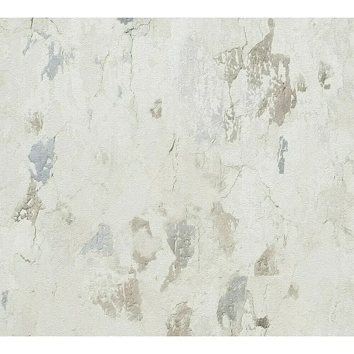 A.S. Création Metropolitan Stories II Vliestapete Putzwand - Weiß/Grau, Steinoptik, 10,05 x 0,53 m - Eine Nahaufnahme einer Wandtapete mit einem abgenutzten und verwitterten Aussehen, das an eine alte Wand erinnert.