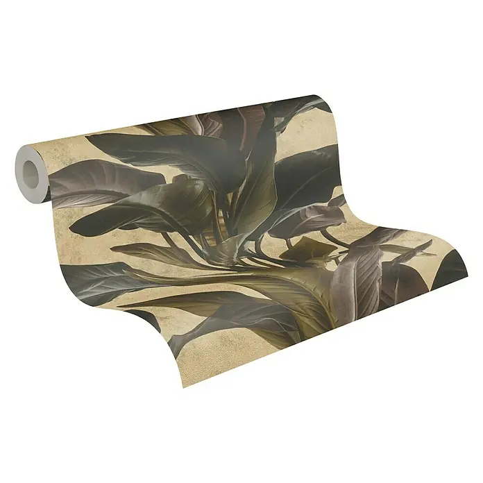A.S. Création Metropolitan Stories II Vliestapete Blätter - Gold, Floral, 10,05 x 0,53 m - Eine Rolle elegante Blattmuster-Tapete mit großen, dunklen Blättern auf beigem Hintergrund. Perfekt für ein stilvolles Interieur.