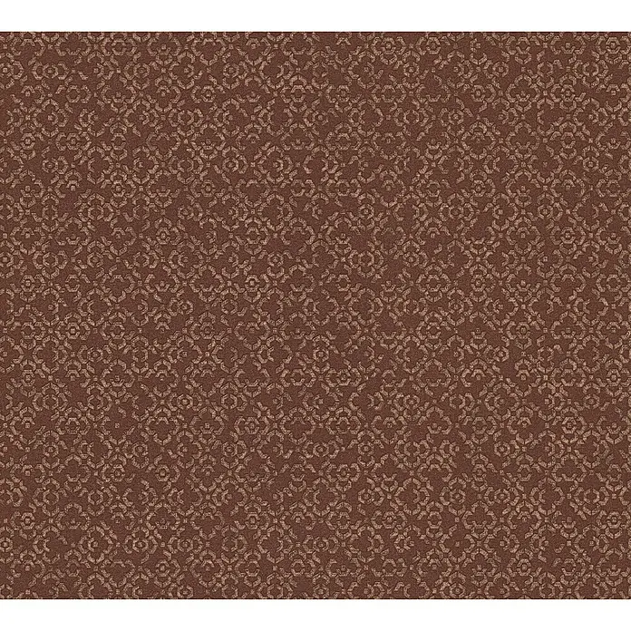 A.S. Création Metropolitan Stories II Vliestapete Metallornament - Rot, Ornament, 10,05 x 0,53 m - Nahaufnahme eines Teppichs mit einem braunen, sich wiederholenden Blumenmuster, der eine warme und einladende Atmosphäre schafft.
