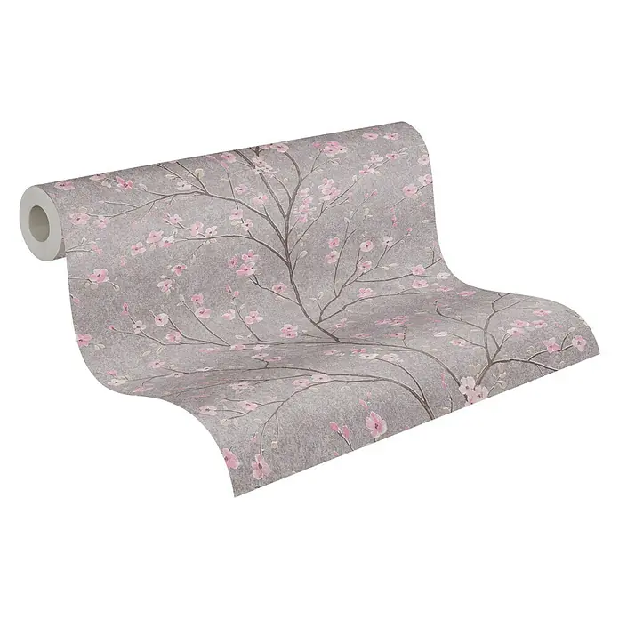 A.S. Création Metropolitan Stories II Vliestapete Kirschblüte - Taupe, Floral, 10,05 x 0,53 m - Eine Rolle stilvoller Tapete mit zarten rosa Blüten und grauen Ästen auf einem strukturierten Hintergrund. Perfekt, um jedem Raum einen Hauch von Eleganz zu verleihen.