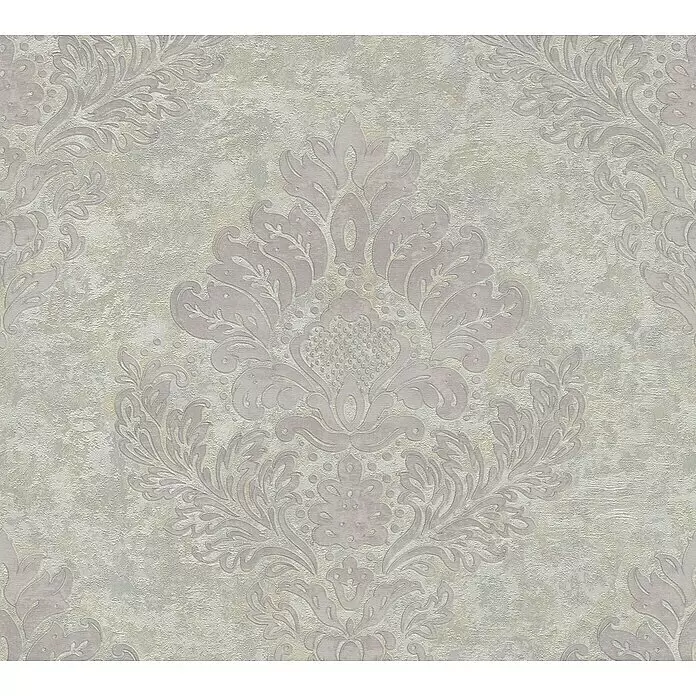 A.S. Création Metropolitan Stories II Vliestapete Damask - Grau, Ornament, 10,05 x 0,53 m - Strukturierte Damasttapete in Hellgrau und Beige mit einem verzierten Blumenmuster.