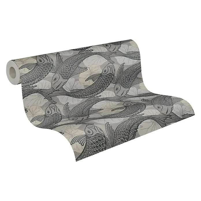 A.S. Création Metropolitan Stories II Vliestapete Koi - Grau/Creme, Tieroptik, 10,05 x 0,53 m - Eine Rolle Tapete mit einem Muster aus stilisierten Fischen und Seerosenblättern in Grau- und Beigetönen. Ideal, um jedem Raum eine ruhige Note zu verleihen.