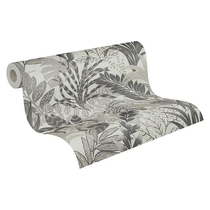A.S. Création Metropolitan Stories II Vliestapete Blätter - Grau, Floral, 10,05 x 0,53 m - Eine Rolle grauer botanischer Tapete, die ein üppiges Blätter- und Pflanzenmuster aufweist. Perfekt für die Dekoration.