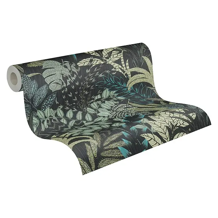 A.S. Création Metropolitan Stories II Vliestapete Blätter - Schwarz, Floral, 10,05 x 0,53 m - Ein Rollenmusterdesign der Rasch Textil Tapete Amazonia 248737 mit einem dunklen Hintergrund und exotischen Pflanzenmotiven in Blau- und Grüntönen.