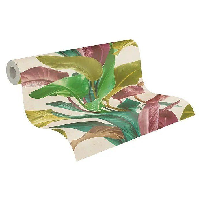 A.S. Création Metropolitan Stories II Vliestapete Blätter - Bunt, Floral, 10,05 x 0,53 m - Eine Rolle botanischer Tapete mit grünen und rosafarbenen Blättern auf einem cremefarbenen Hintergrund, die eine tropische Atmosphäre schafft.