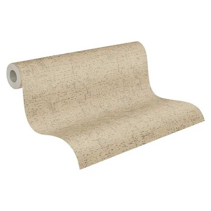 A.S. Création Metropolitan Stories II Vliestapete - Braun/Creme, Uni, 10,05 x 0,53 m - Ein aufgerolltes Stück hellbeiger Tapete mit dunkleren, unregelmäßigen Texturen vor einem schwarzen Hintergrund.