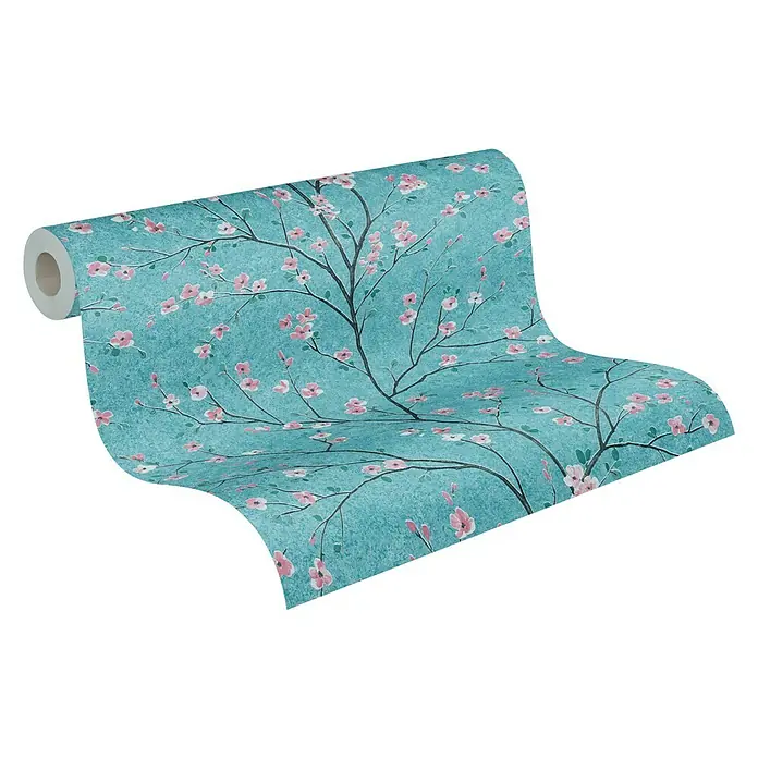 A.S. Création Metropolitan Stories II Vliestapete Kirschblüte - Türkis, Floral, 10,05 x 0,53 m - Rolle Aqua-Tapete mit zarten rosa Blüten und Baumzweigen. Ein elegantes Dekorstück für stilvolle Innenräume mit einem Hauch von Frühling.