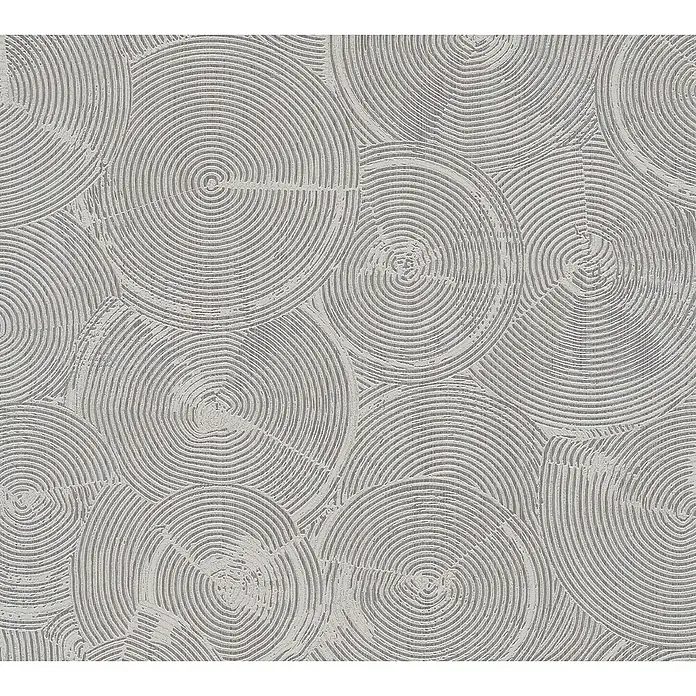 A.S. Création Metropolitan Stories II Vliestapete Kreise - Silber/Grau, Grafisch, 10,05 x 0,53 m - Graues, nahtloses Muster mit konzentrischen Kreisen, das eine moderne und natürliche Textur für verschiedene Designanwendungen bietet.