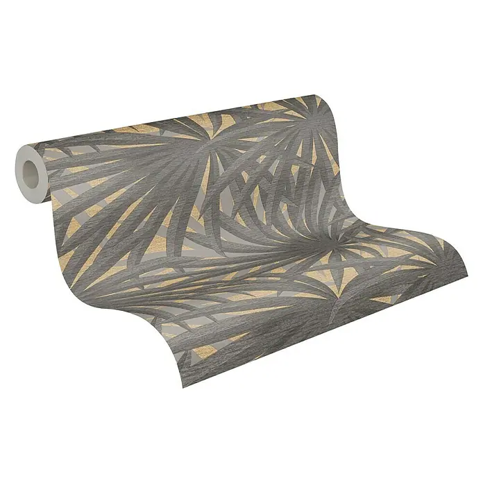 A.S. Création Metropolitan Stories II Vliestapete Palme - Grau/Gold, Floral, 10,05 x 0,53 m - Nahaufnahme einer Rolle grauer Tapete mit abstraktem Palmenblatt-Design und goldenen Akzenten, ideal für moderne Interieurs.