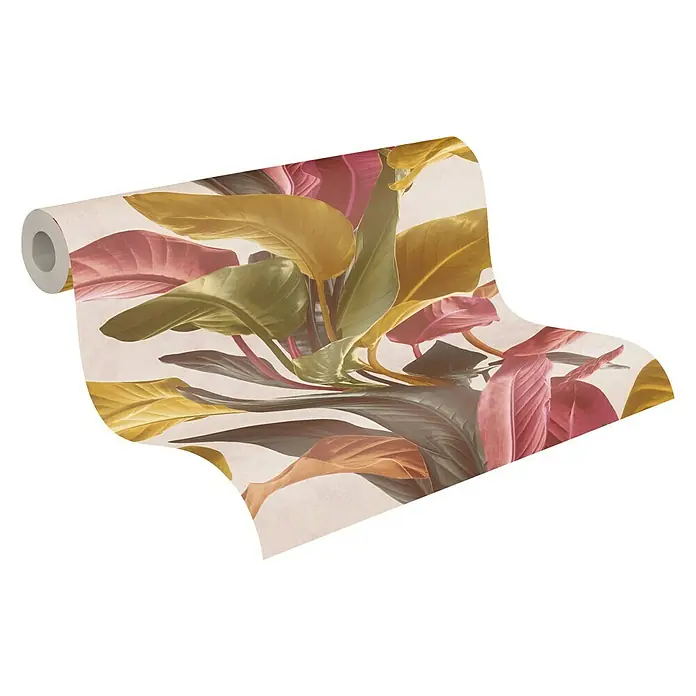 A.S. Création Metropolitan Stories II Vliestapete Blätter - Rot, Floral, 10,05 x 0,53 m - Eine Rolle tropischer Blättertapete mit üppigen Blättern in verschiedenen Farben, die eine exotische Atmosphäre vermittelt.