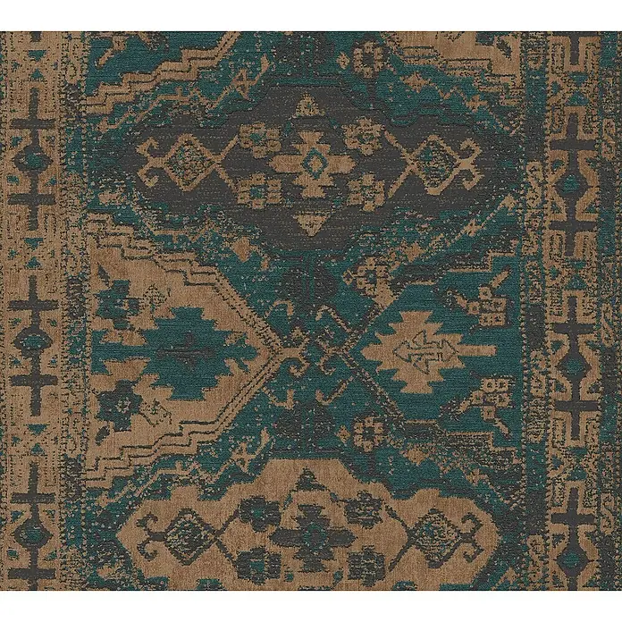 A.S. Création Metropolitan Stories II Vliestapete Teppich - Grün/Braun, Ornament, 10,05 x 0,53 m - Detailaufnahme eines Teppichs mit traditionellem, mehrfarbigem Muster in Braun-, Blau- und Grautönen.
