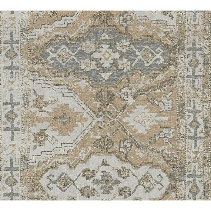 A.S. Création Metropolitan Stories II Vliestapete Teppich - Creme/Grau, Ornament, 10,05 x 0,53 m - Detailaufnahme eines Teppichs mit einem traditionellen, geometrischen Muster in Beige-, Grau- und Weißtönen. Elegante Textur für stilvolle Räume.