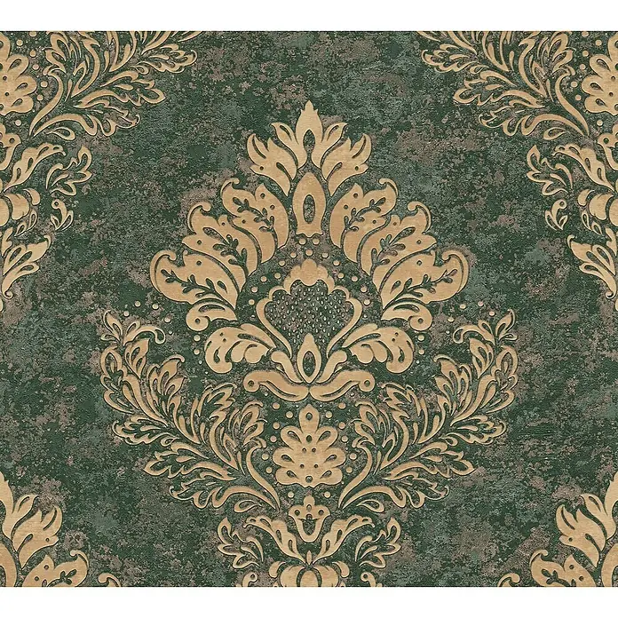 A.S. Création Metropolitan Stories II Vliestapete Damask - Beige/Grün, Ornament, 10,05 x 0,53 m - Elegante grüne Tapete mit goldenem Damastmuster, ideal für stilvolle Wohnräume. Das raffinierte Design verleiht jedem Raum einen Hauch von Luxus und Eleganz.