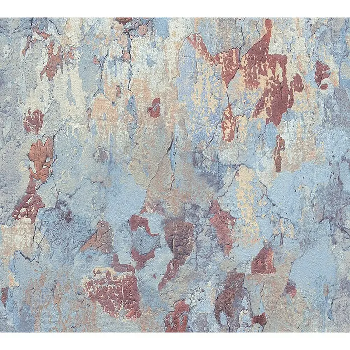 A.S. Création Metropolitan Stories II Vliestapete Putzwand - Blau, Steinoptik, 10,05 x 0,53 m - Nahaufnahme einer Wand mit abblätternder Farbe in Blau-, Beige- und Rottönen, die eine raue und strukturierte Oberfläche zeigt.