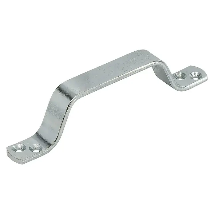 Stabilit HandgriffL x B: 110 x 13,5 mm, Verzinkt - Nahaufnahme eines silbernen Türgriffs aus Metall mit Befestigungslöchern auf schwarzem Hintergrund.