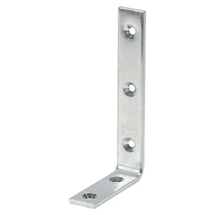 Stabilit Starker Winkel - L x B x H: 80 x 150 x 25 mm, Stärke: 5 mm, Verzinkt - Ein silberner Winkelverbinder mit vorgebohrten Löchern für Schrauben, ideal zur Stabilisierung von rechtwinkligen Verbindungen.