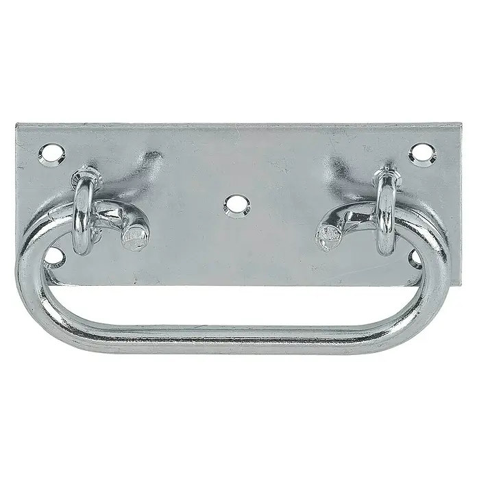 Stabilit Kistengriff - L x B: 108 x 45 mm - Metallgriff mit rechteckiger Montageplatte und einem beweglichen Ring, ideal für Kisten oder Schubladen, robust und funktional.