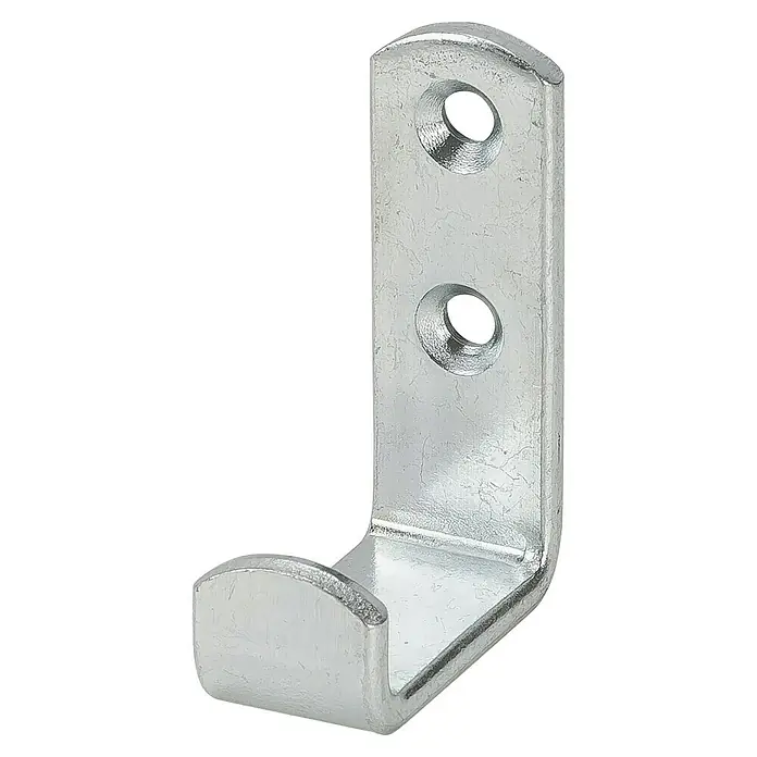 Stabilit WandhakenL x B x H: 90 x 65 x 17 mm - Nahaufnahme eines silbernen Wandhakens mit zwei Löchern für die Befestigung, ideal für Garderobe oder Handtücher.