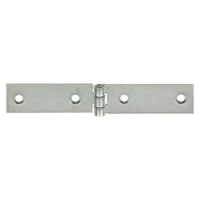 Stabilit Tischband - L x B: 120 x 20 mm, Verzinkt - Abgebildet ist ein stabiles, silbernes Türband mit vier Schraubenlöchern zur sicheren Befestigung. Ideal für schwere Türen.
