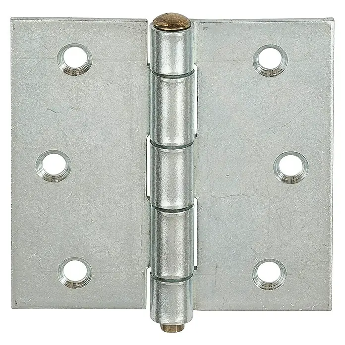 Stabilit ScharnierL x B: 63 x 63 mm, Verzinkt - Nahaufnahme eines silberfarbenen Türscharniers mit abgerundeten Messingenden und sechs Schraubenlöchern auf schwarzem Hintergrund.