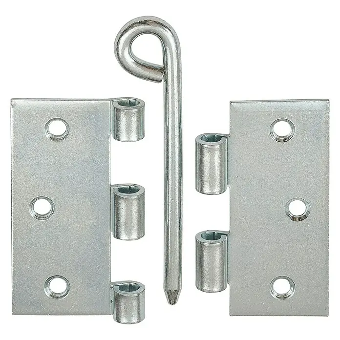 Stabilit Scharnier - Verzinkt - Detailaufnahme eines Bolzenriegelscharniers aus Metall, ideal für robuste Türen und Tore. Zu sehen sind die Scharnierteile und der zugehörige Bolzen.