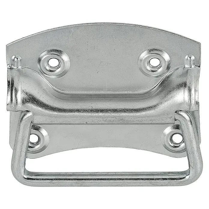 Stabilit Kistengriff - L x B: 80 x 70 mm, Stahl, Silber - Ein silberner, klappbarer Tragegriff für eine Kiste, ideal für den Transport von schwereren Gegenständen und Boxen.