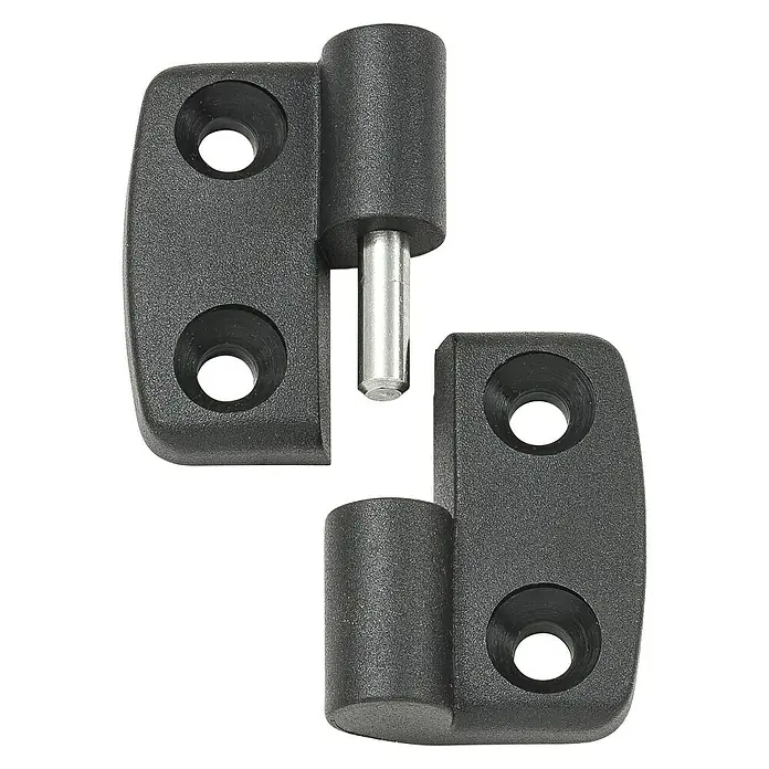 Stabilit PA-Aushebescharnier - L x B: 48 x 58 mm, DIN Anschlag: Rechts - Schwarzes Scharnier aus Kunststoff mit zwei Befestigungspunkten und einem Metallstift für eine robuste und langlebige Verbindung.
