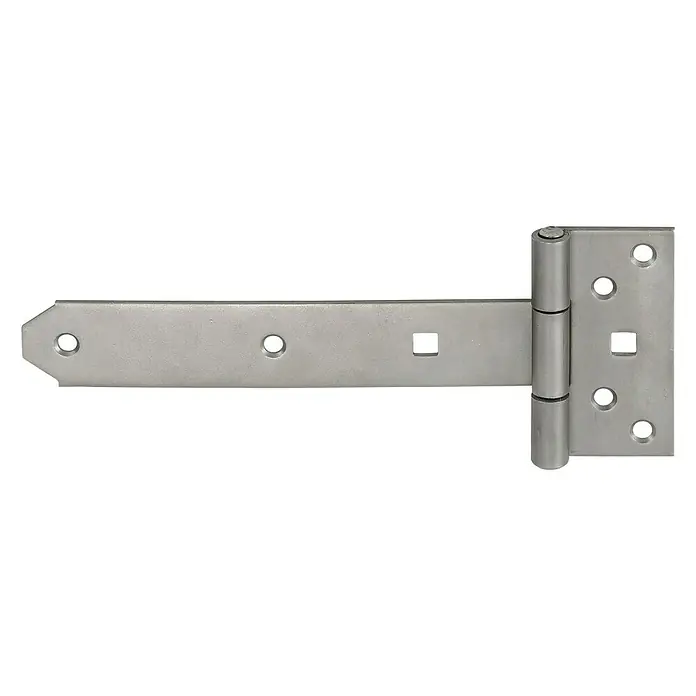 Stabilit Kreuzgehänge - L x B x H: 240 x 336 x 92 mm, Edelstahl, Verzinkt - Nahaufnahme eines T-Scharniers aus Metall mit Löchern und einer Walze zum Öffnen und Schließen auf schwarzem Hintergrund.