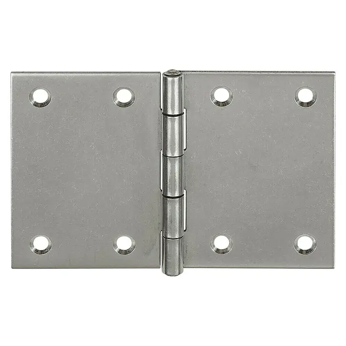 Stabilit Scharnier - L x B: 50 x 75 mm, Edelstahl, 1 Stk. - Nahaufnahme eines silberfarbenen Türbandes, das vollständig geöffnet ist und dessen Details und Befestigungslöcher klar zu erkennen sind.