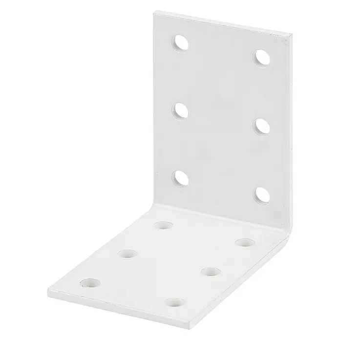 Stabilit Lochplattenwinkel - L x B x H: 60 x 60 x 60 mm, Weiß - Ein weißer Winkelverbinder mit mehreren Löchern, ideal für stabile Verbindungen im Bau- und Heimwerkerbereich.