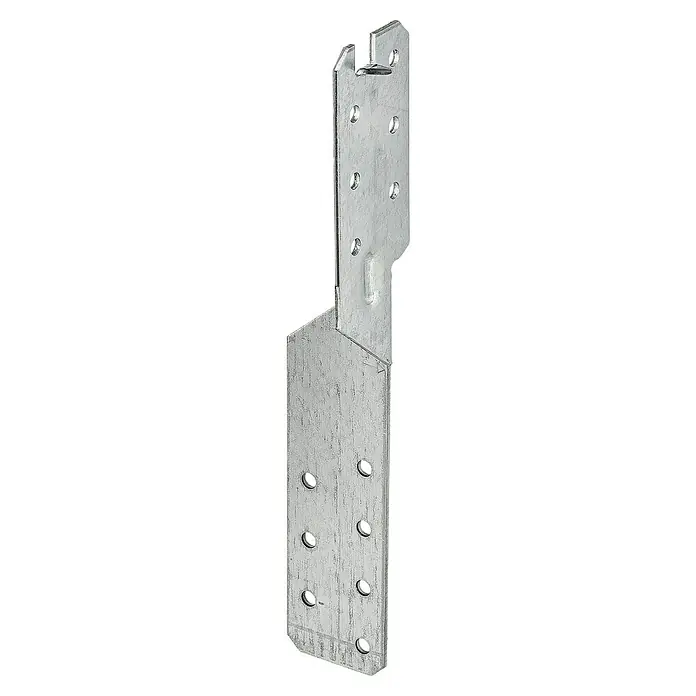 Stabilit Schwerlastanker - L x B x H: 36 x 36 x 210 mm - Nahaufnahme eines Balkenschuhs aus verzinktem Stahl mit mehreren Löchern zur Befestigung. Das Produkt ist für Holzkonstruktionen konzipiert.