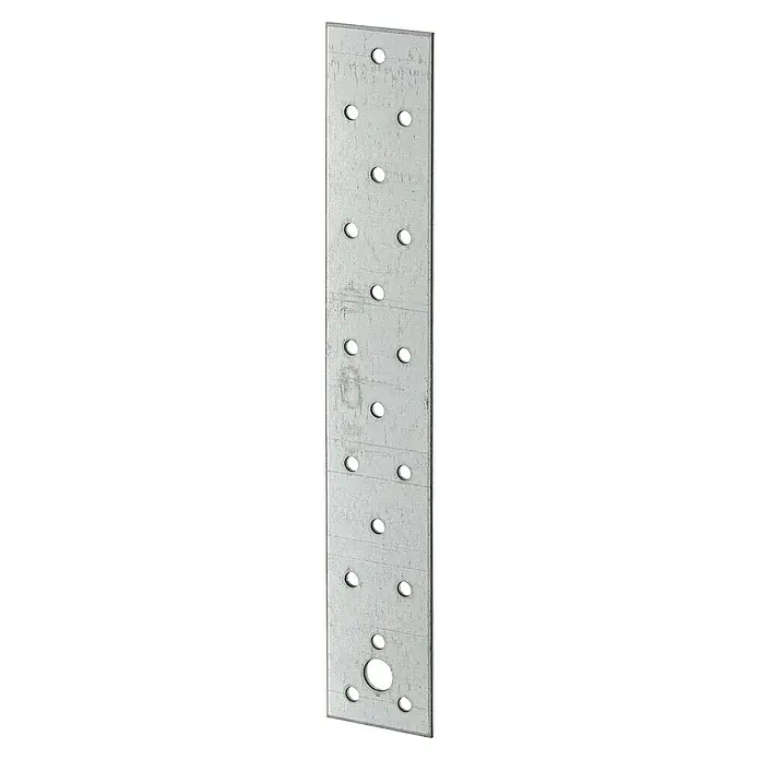 Stabilit Streifen-Flachverbinder - L x B: 240 x 40 mm, Stahl - Ein langes, rechteckiges, silbernes Lochblech mit zahlreichen Löchern unterschiedlicher Größe für Befestigungen.