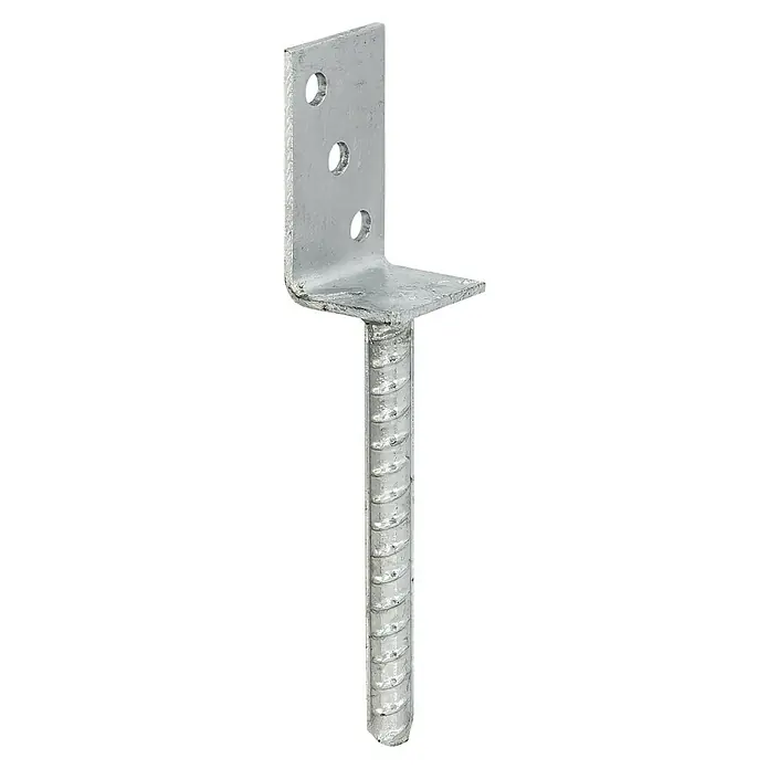 Stabilit L-Stützenschuh - 50 x 80 mm - Bodenanker mit L-förmiger Platte und drei Löchern zur sicheren Befestigung von Holzkonstruktionen im Außenbereich.