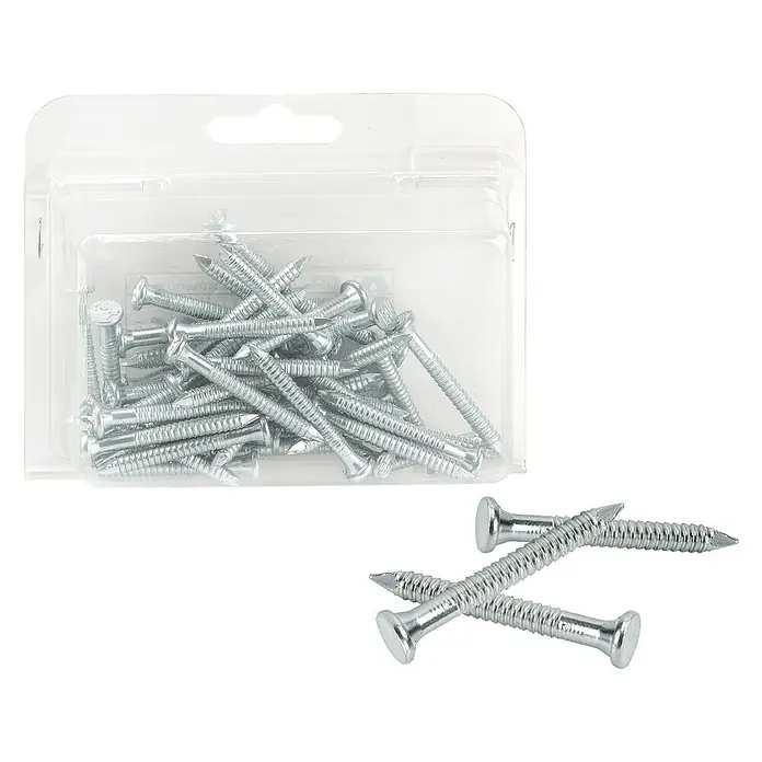 Vormann AnkernägelDurchmesser: 4 mm, Länge: 50 mm, 50 Stk., Stahl - Eine Packung Schrauben mit Senkkopf und Gewinde für Holz, sowie ein paar Schrauben daneben.