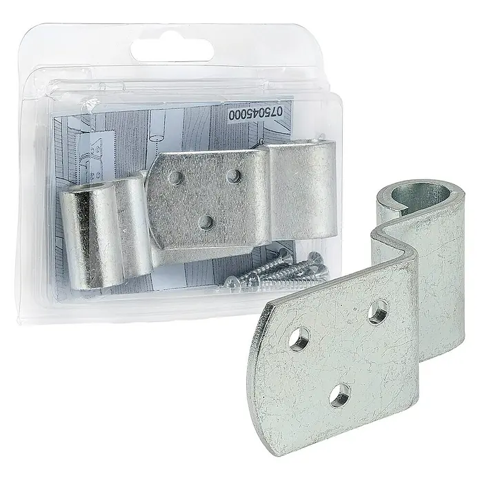 Stabilit L-FlechtzaunbandDurchmesser Dorn: 10 mm, Gesamtstückzahl: 2 Stk. - Das Bild zeigt ein Set aus verzinkten Torbändern mit passenden Schrauben, verpackt in einer transparenten Kunststoffverpackung.
