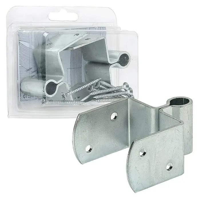 Stabilit U-Flechtzaunband - Durchmesser Dorn: 10 mm, 2 Stk. - Ein Set silberner Torbänder mit Schrauben, sowohl in einer Verpackung als auch lose dargestellt.