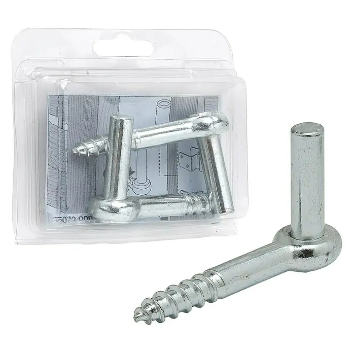 Vormann Einschraubkloben - L x B: 80 x 10 mm, Stahl - Ein Set mit zwei stabilen, verzinkten Schraubhaken für Holztüren und -tore, verpackt und ein einzelner Haken zur Ansicht.