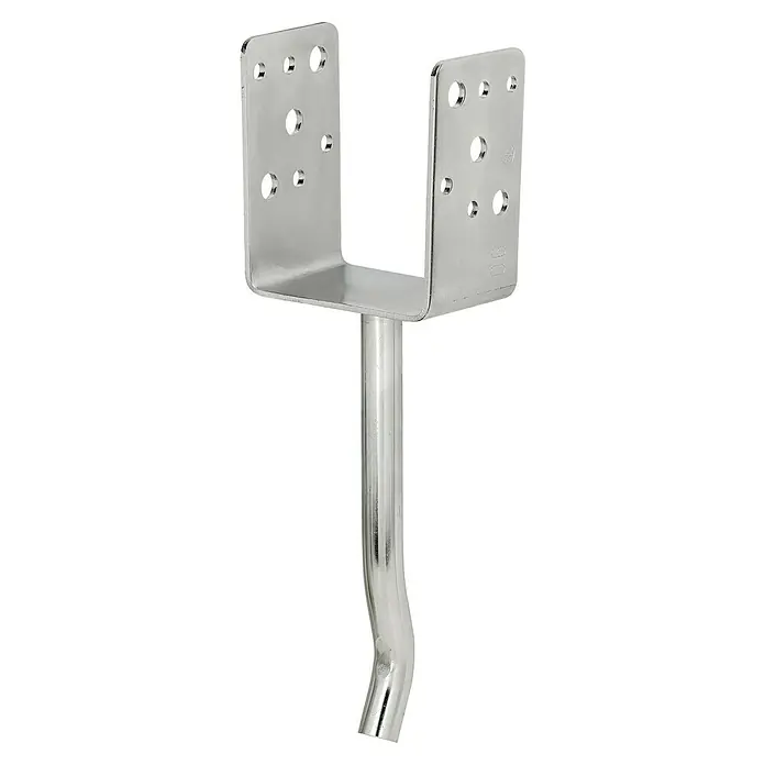 Vormann Schwerer Stützenschuh - L x B x H: 71 x 64 x 110 mm, Edelstahl - Ein silberner Pfostenträger für Holzkonstruktionen, ideal für den Bau von Zäunen oder Terrassen. Das Metall ist glänzend und langlebig.