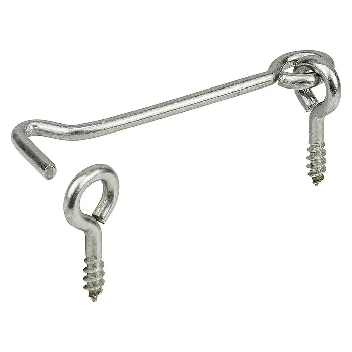 Stabilit Sturmhaken - Länge: 120 mm, Edelstahl - Nahaufnahme eines silbernen Sturmhaken-Sets mit Ösen und Schrauben auf schwarzem Hintergrund.