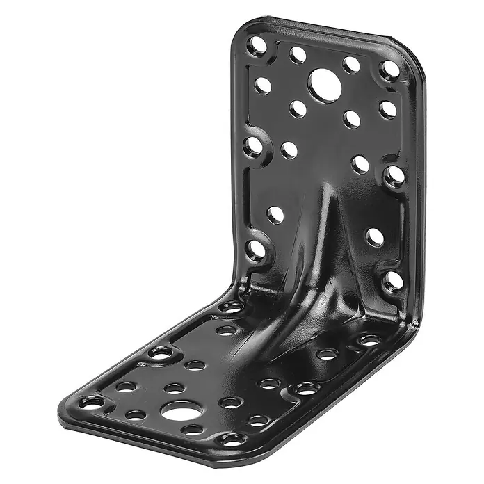 Stabilit Winkelverbinder - L x B x H: 60 x 50 x 60 mm, Braun - Schwarzer Winkelverbinder aus Metall mit zahlreichen Löchern für Schrauben, geeignet für stabile Verbindungen im Möbelbau oder anderen Konstruktionen.