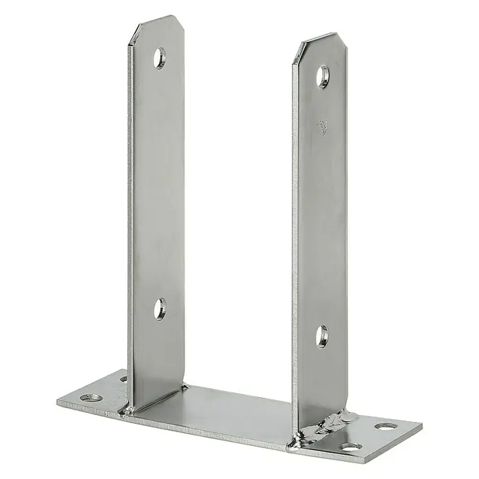 Schwerer Stützenschuh - L x B x H: 91 x 180 x 200 mm, Edelstahl - Metallpfostenfuß mit U-förmiger Halterung und mehreren Löchern für Schrauben. Ideal für sichere Befestigung von Pfosten.