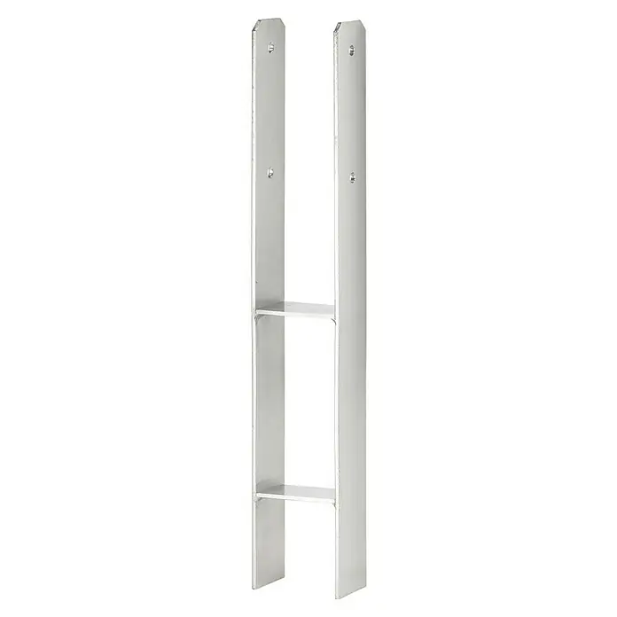 Vormann H-Pfostenanker - L x B x H: 91 x 60 x 600 mm, Edelstahl - Nahaufnahme einer weißen Regalkonstruktion mit zwei Regalen und einer minimalistischen Bauweise. Ideal für moderne Inneneinrichtungen.