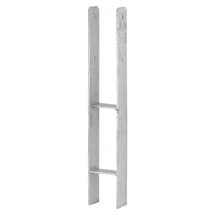 H-Pfostenanker - L x B x H: 141 x 60 x 600 mm - Detailaufnahme einer verzinkten Leiterrahmenkonstruktion mit zwei Sprossen, ideal für robuste Außenanwendungen und dauerhaften Halt.