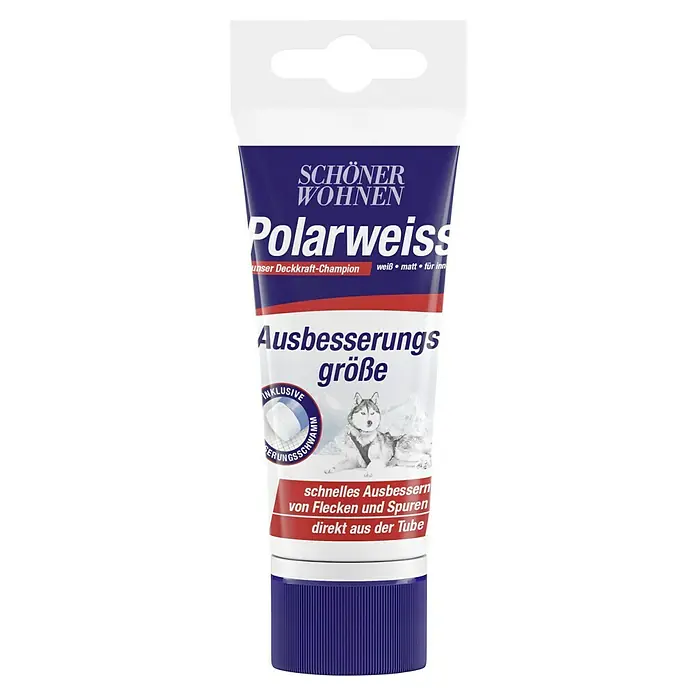 SCHÖNER WOHNEN-Farbe Wandfarbe Polarweiß - Weiß, Matt, 50 ml, Konservierungsmittelfrei - Tube Schön Polarweiss mit Ausbesserungsmasse zum schnellen Ausbessern von Flecken und Spuren, inklusive Schwamm für Innenräume.